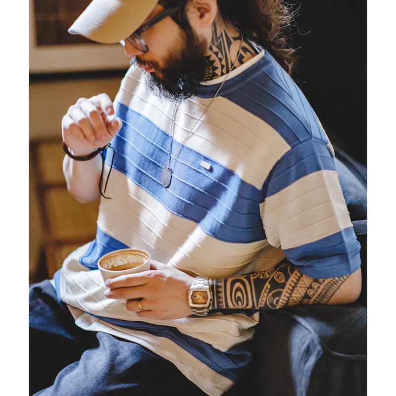 "3D-STRIPE" Border Pattern Linen-Like Knit Tee