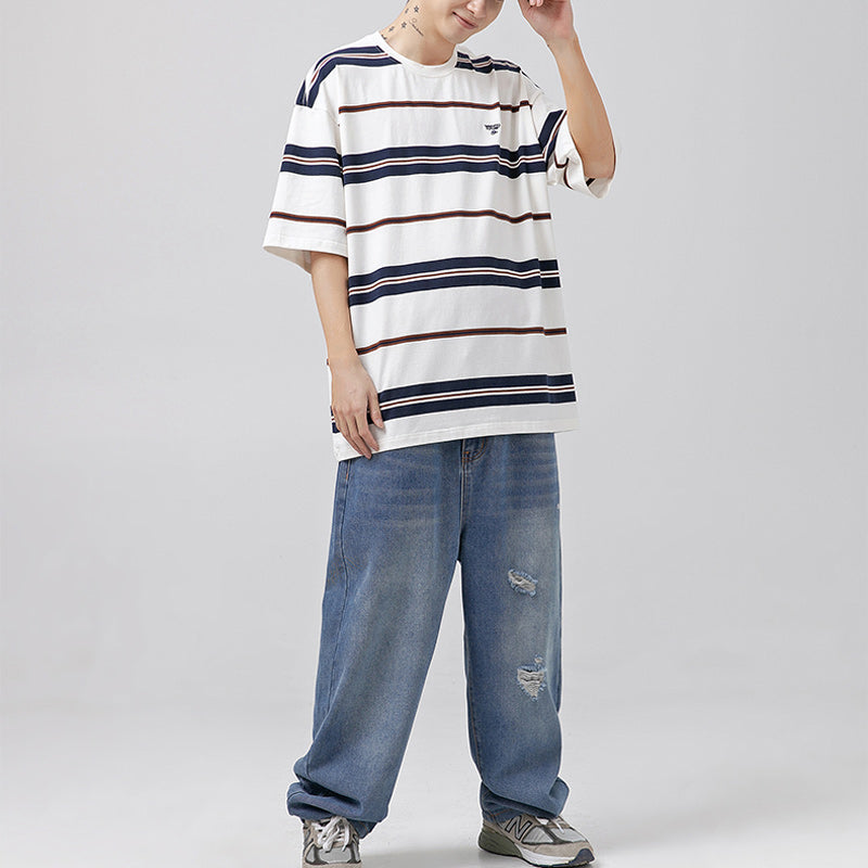 Retro color horizontal striped short sleeve T-shirt