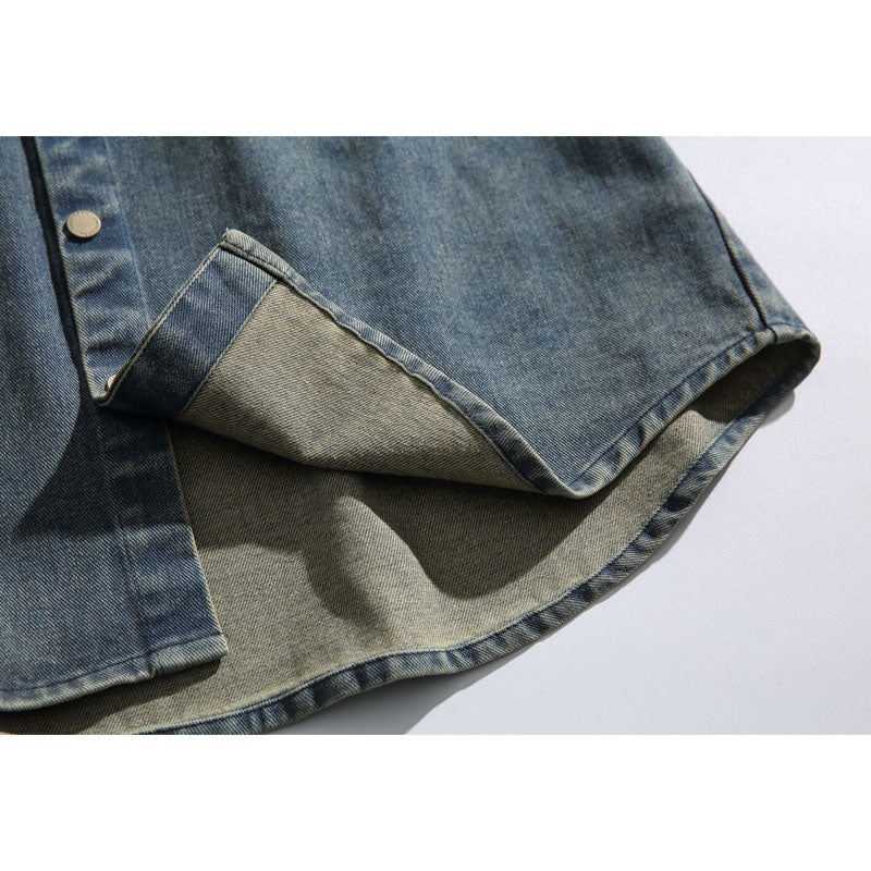 Ethnic jacquard elbow patch denim work shirt