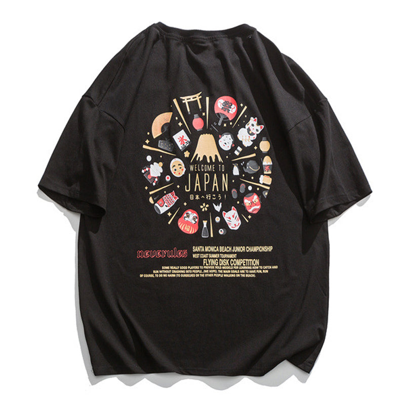 夏新作 WELCOME TO JAPAN 日本文化プリント柄 半袖Tシャツ