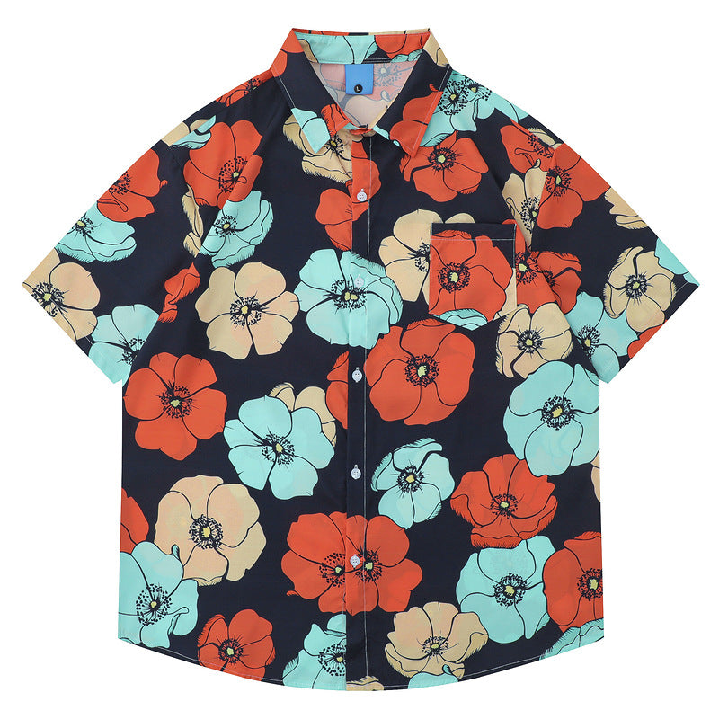New summer color combination floral print short sleeve shirt