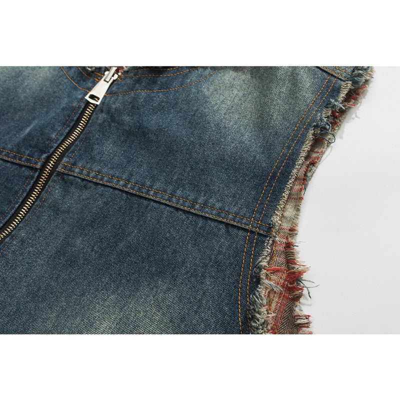 Reversible denim and check pattern 2-way vest