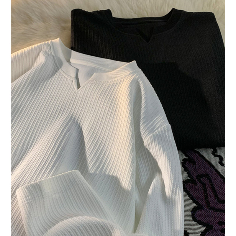 New Spring Plain V-Neck Long Sleeve T-Shirt M-5XL