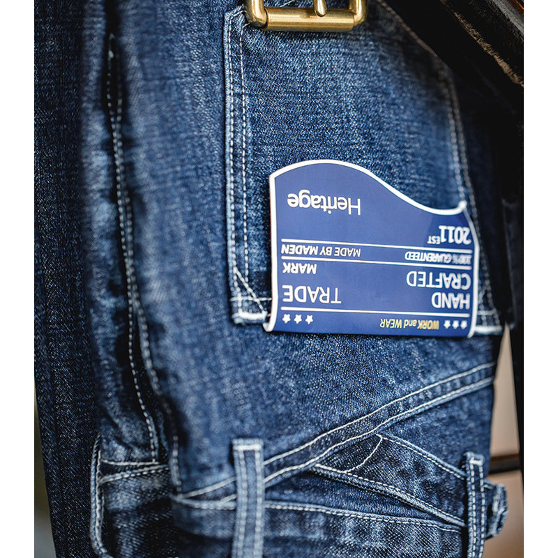Straight slub denim pants with back cinch