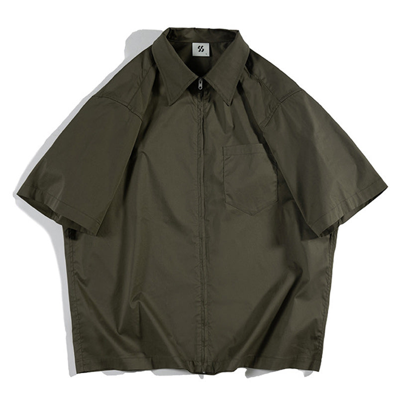 Retro Zipper Solid Work Short Sleeve Shirt