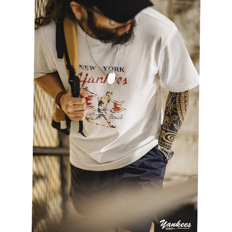 YANKEES! Batting Print & Baseball Embroidery Cotton Tee