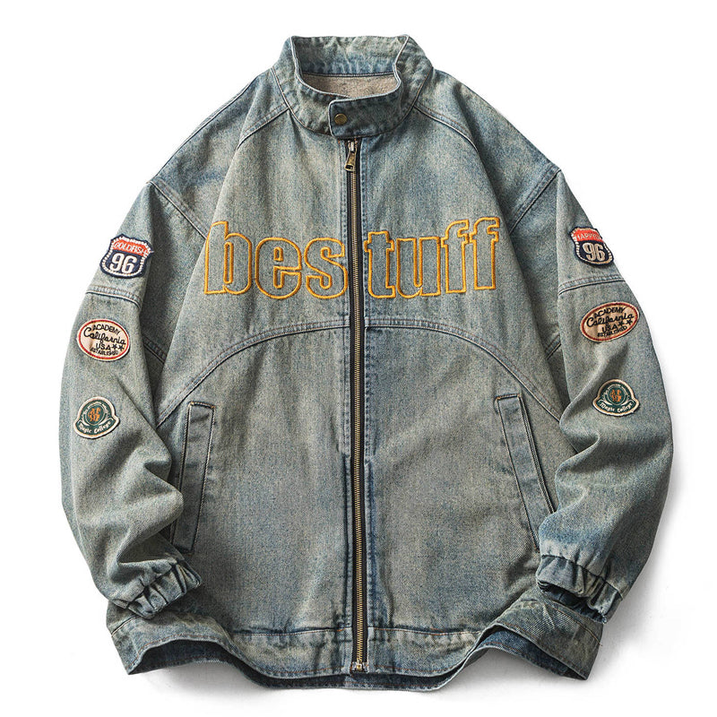 Stand collar washed denim embroidered jacket