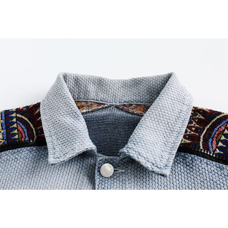 Original ethnic jacquard patchwork denim jacket