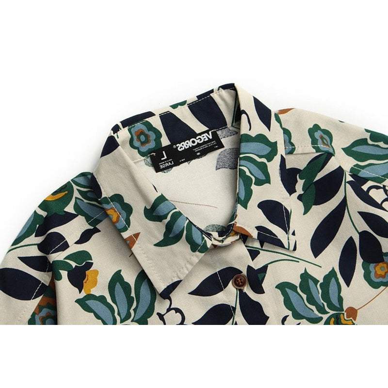 Retro leaf print aloha short-sleeved shirt
