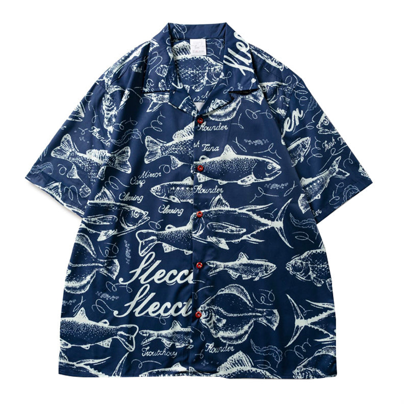 Retro "fish" all-over print aloha shirt