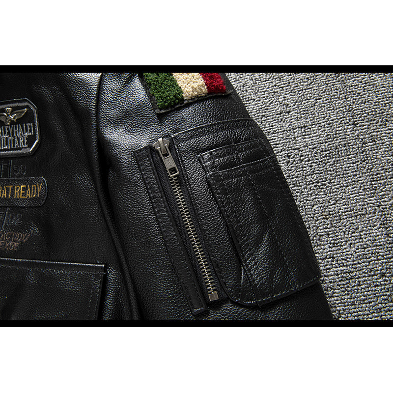 Leather flight jacket with Indian embroidery badge