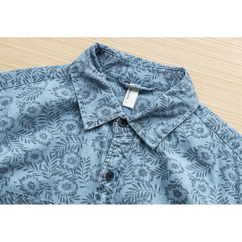Denim blue all-over print short-sleeved shirt