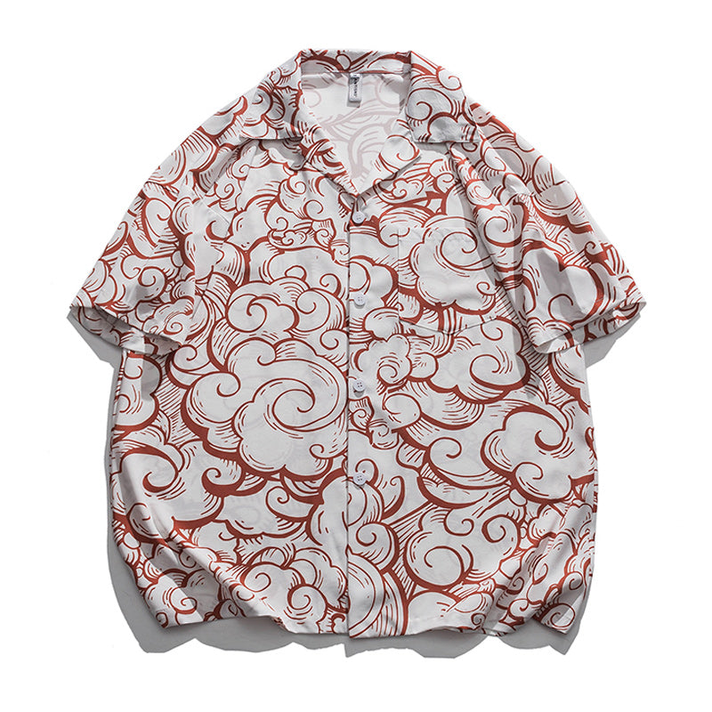 Cuban color "Wave" all-over print aloha shirt, short sleeves