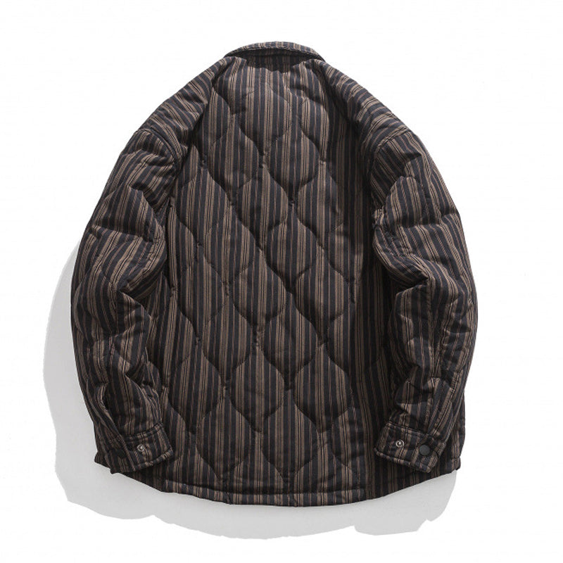 Winter Casual Striped Coat with Turndown Collar and Warm Down Jacket