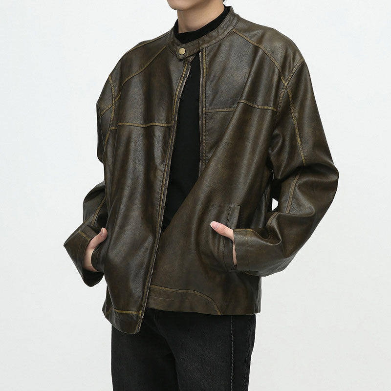 American casual retro washed PU leather jacket