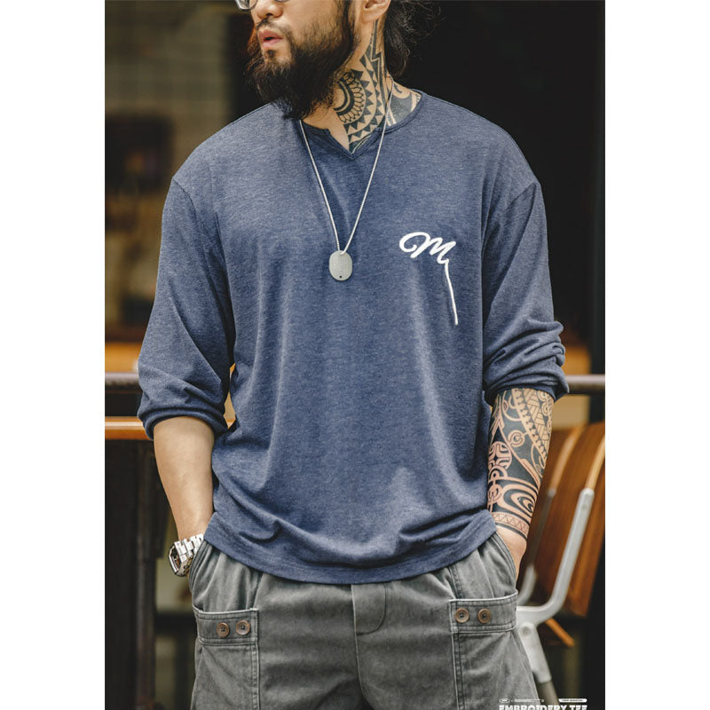 New for Fall! American Casual Embroidered V-Neck Long Sleeve T-Shirt