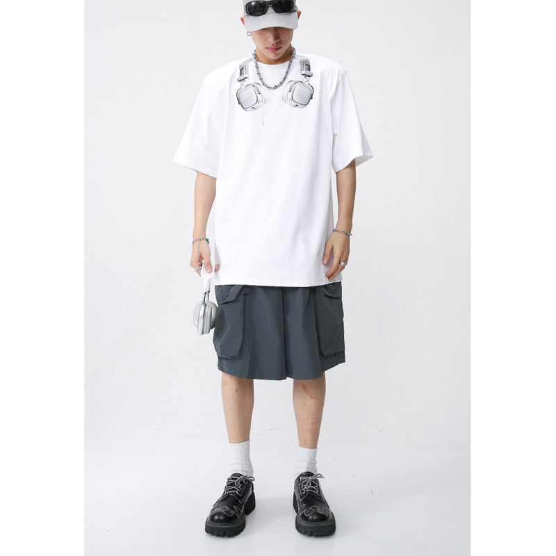 Easy-to-match earphone print short-sleeved T-shirt