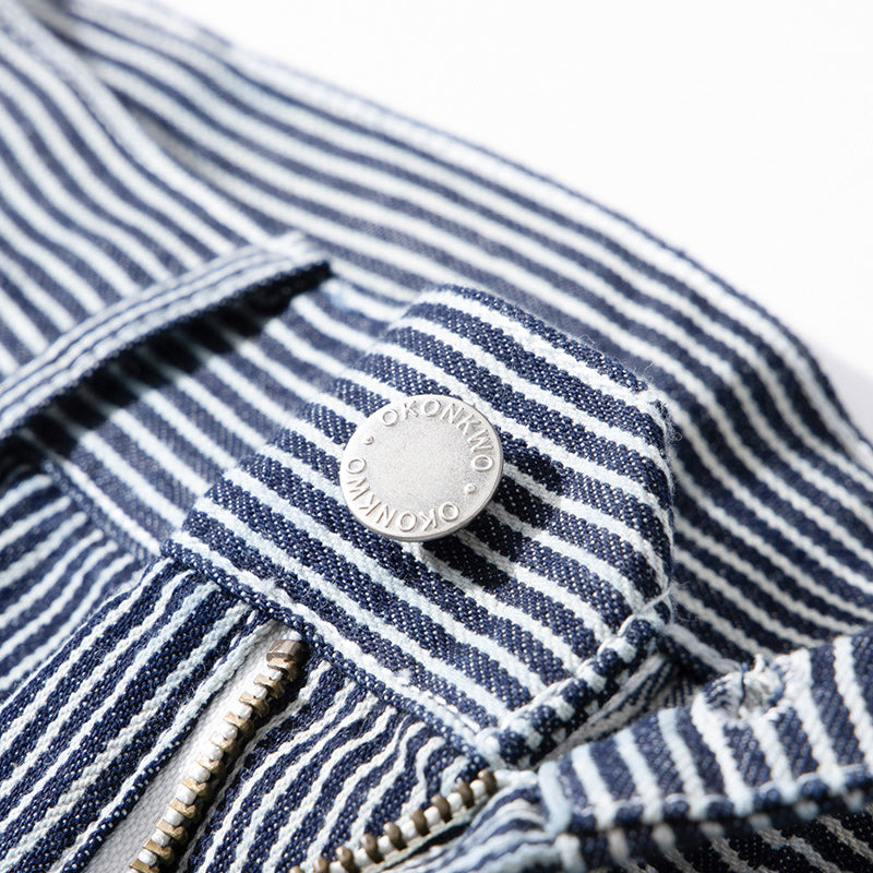 Multi-pocket work pants available in two styles: raw denim and striped denim