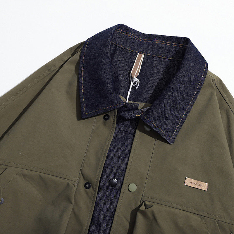 Denim-switched fake layered jacket