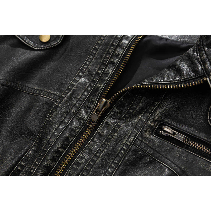 Retro stand-collar distressed motorcycle jacket