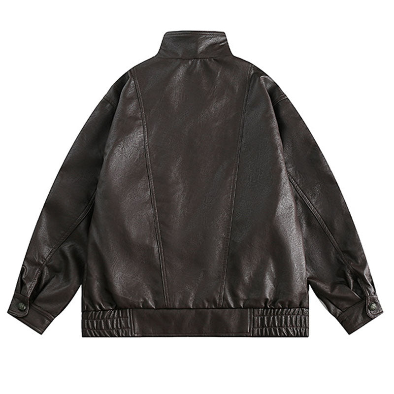 Classic PU leather casual loose stand collar jacket