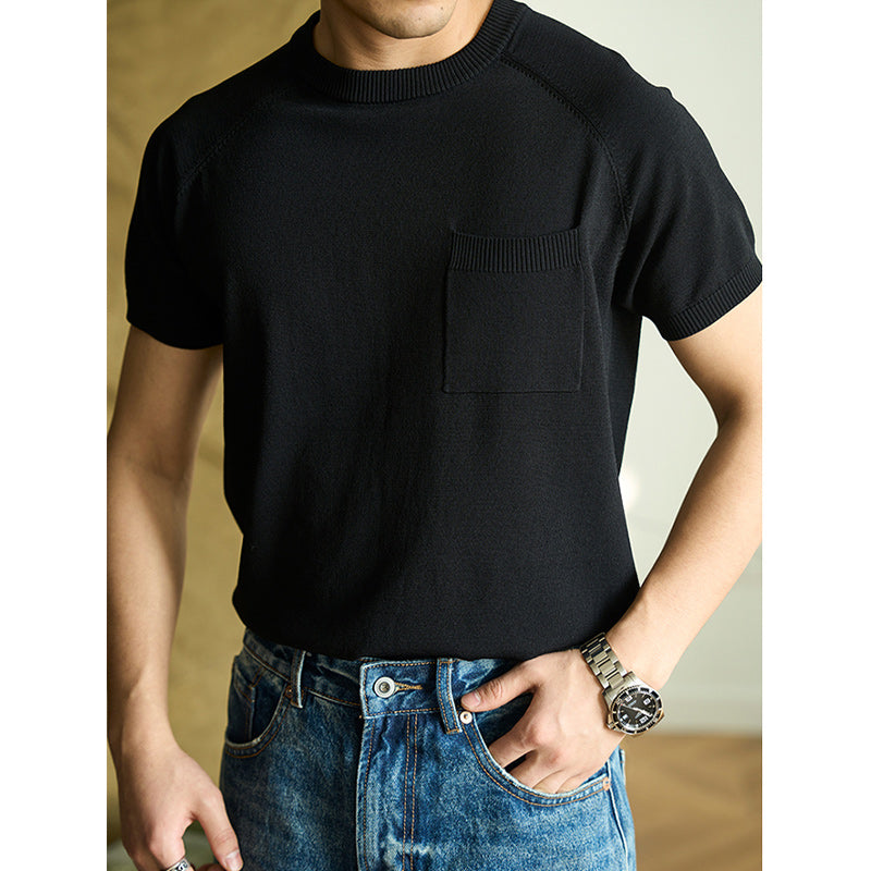 無地清涼感ポケット定番ニット半袖Tシャツ