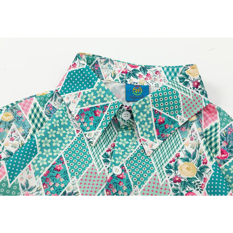 Retro floral diamond-print short-sleeved shirt