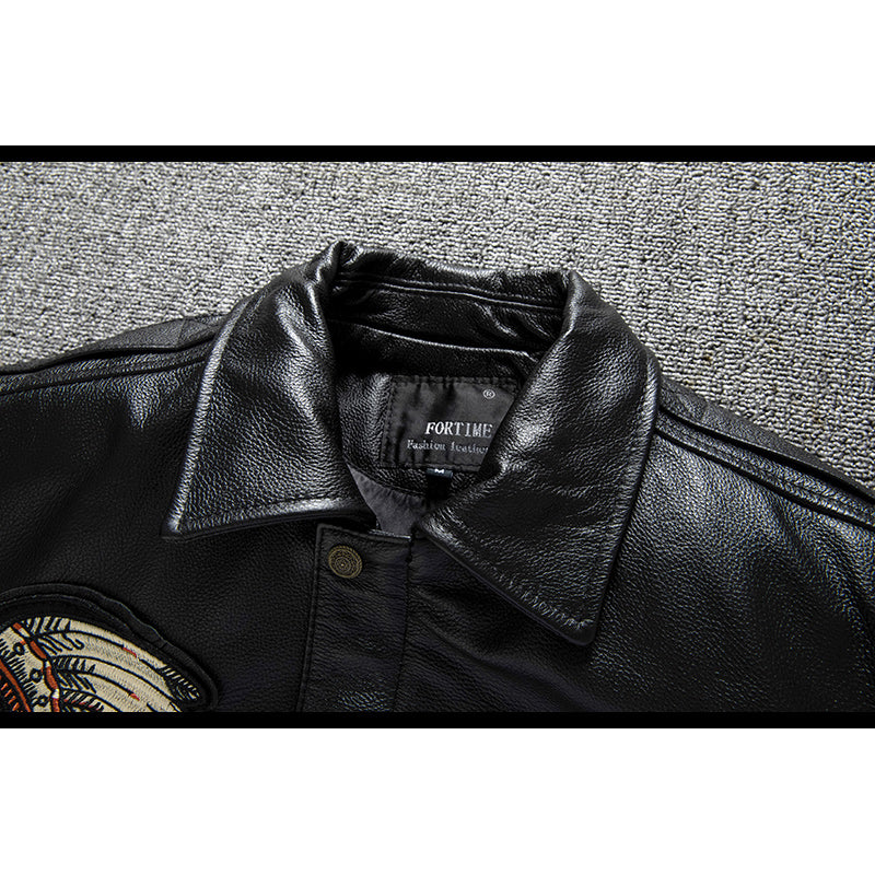 Leather flight jacket with Indian embroidery badge