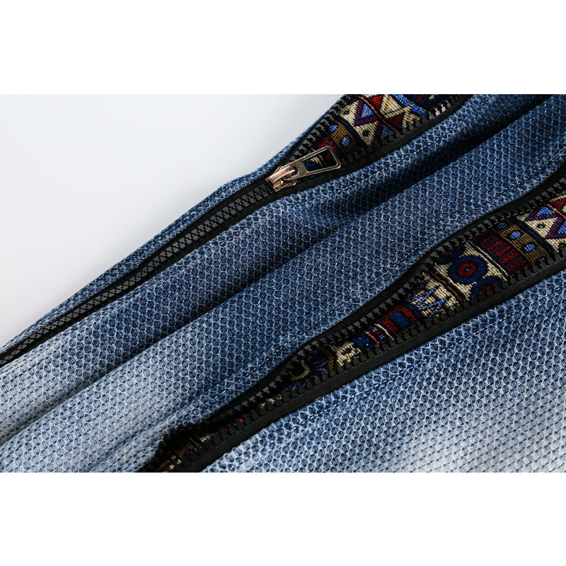 Original ethnic jacquard patchwork denim jacket