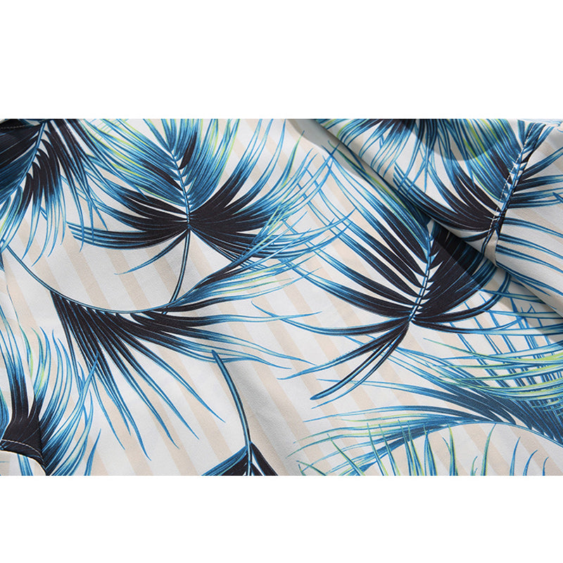 Striped Leaf Print Short Sleeve Aloha Shirt