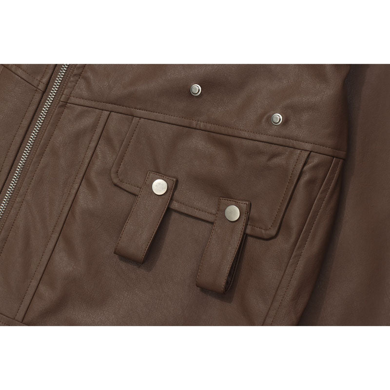 Casual stand collar PU leather jacket