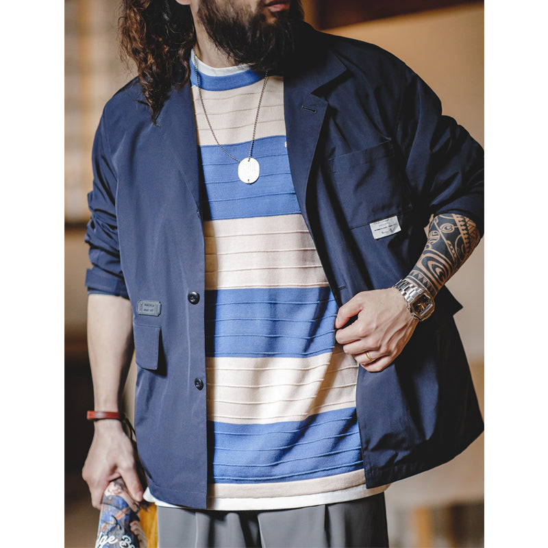 "3D-STRIPE" Border Pattern Linen-Like Knit Tee