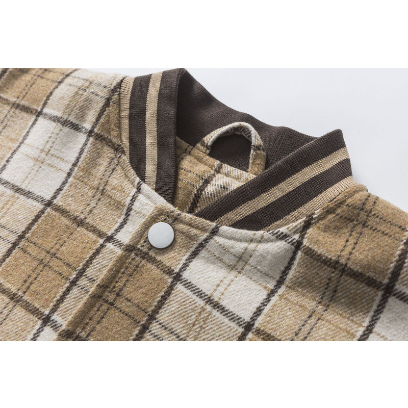 Checkered and leather combination college varsity jacket