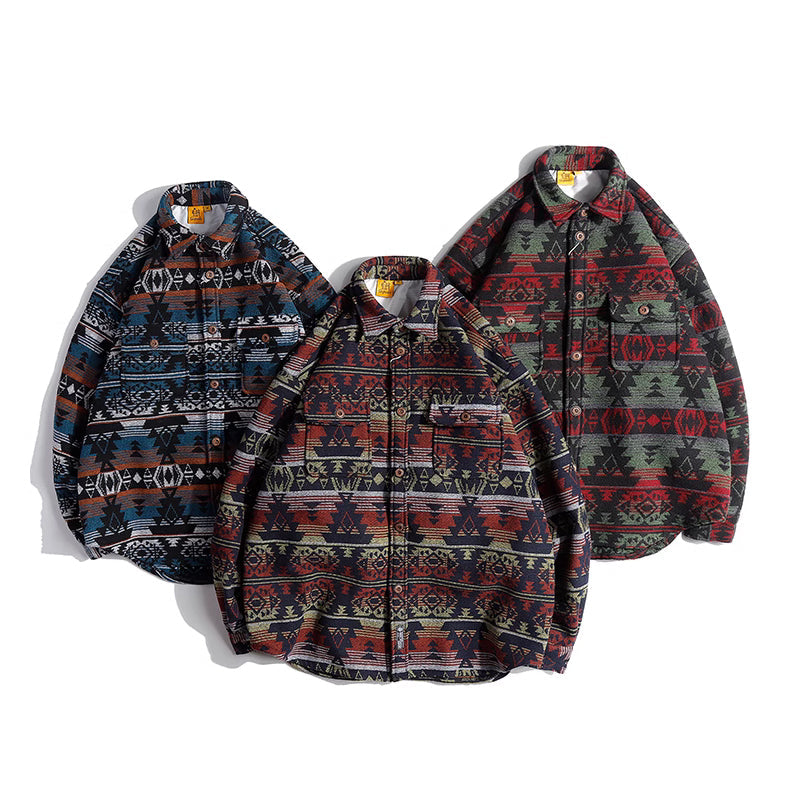 NAVAJO all-over print wool-blend tweed overshirt with elbow patches