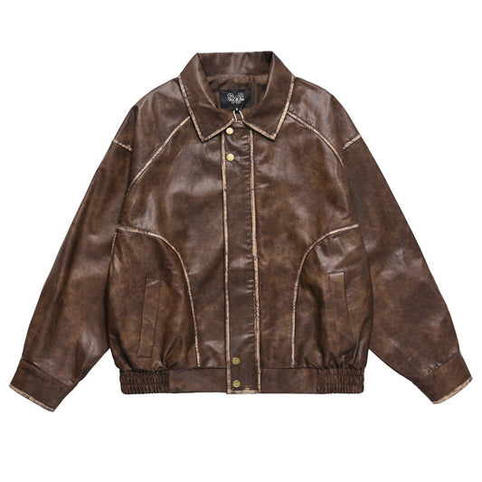 Retro PU Leather Jacket with Turndown Collar for Fall/Winter