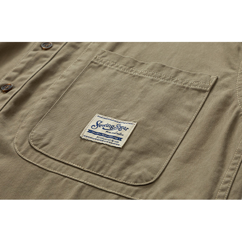 Retro plain large pocket work short sleeve shirt
