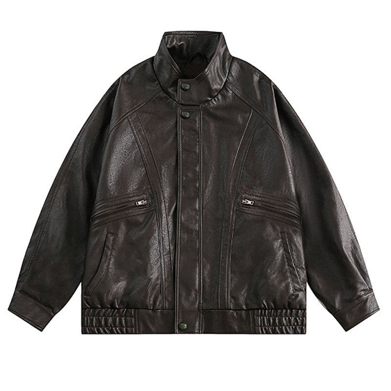 Classic PU leather casual loose stand collar jacket