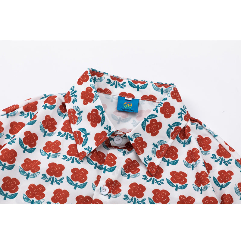 Full-bloom red flower print short-sleeved Hawaiian shirt