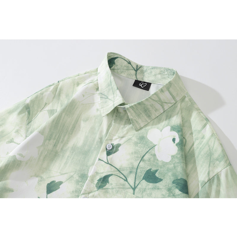 "White Rose" all-over print long-sleeved fresh shirt