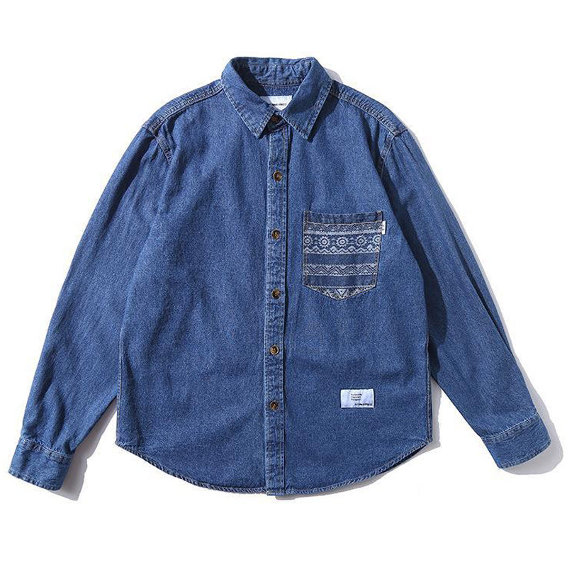 Ethnic pocket denim long sleeve shirt