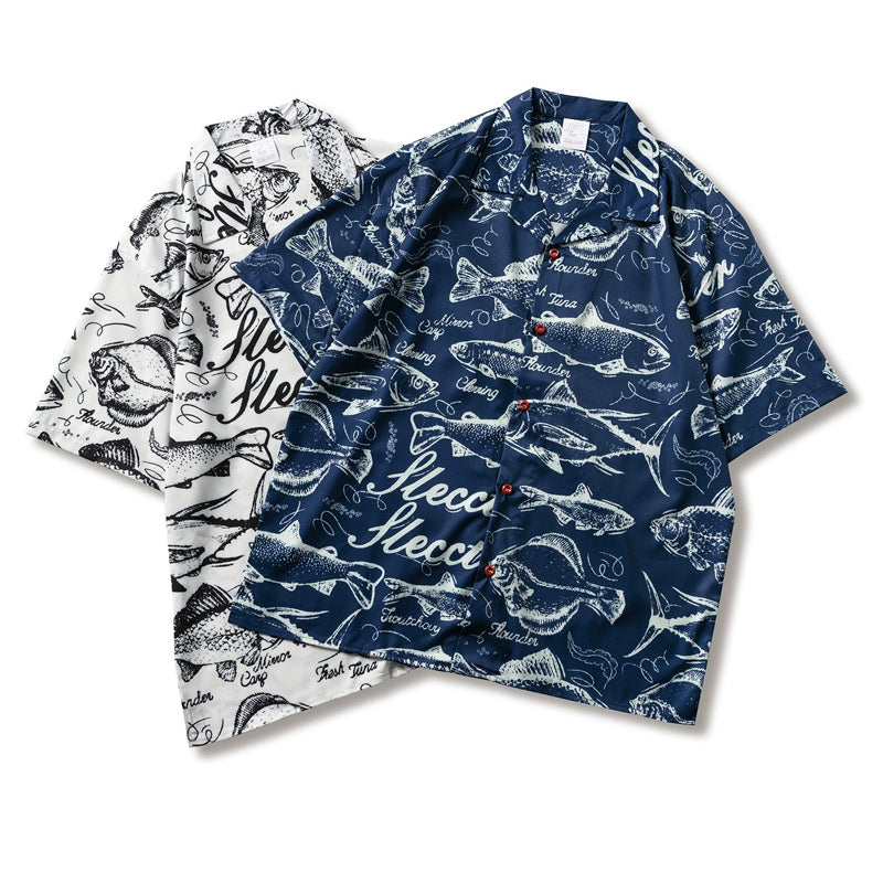 Retro "fish" all-over print aloha shirt