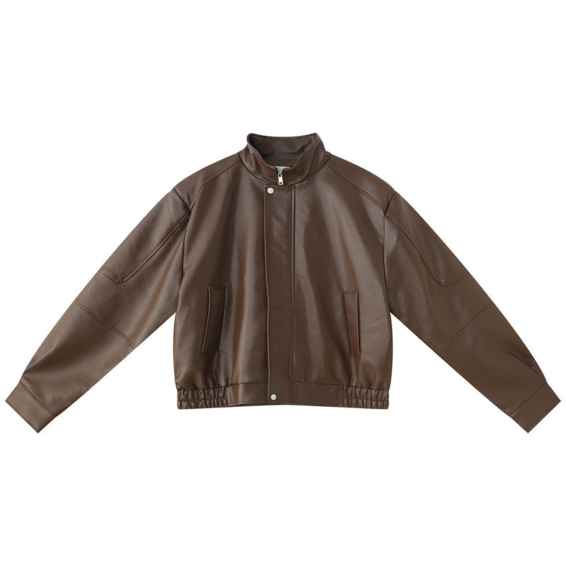 Classic short type shoulder pad simple PU leather jacket