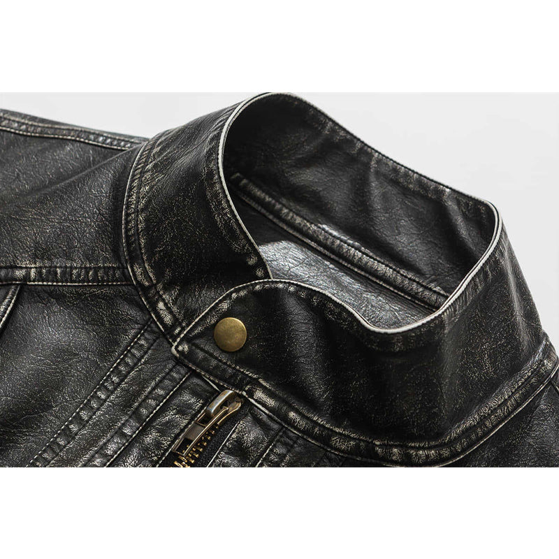 Retro stand-collar distressed motorcycle jacket