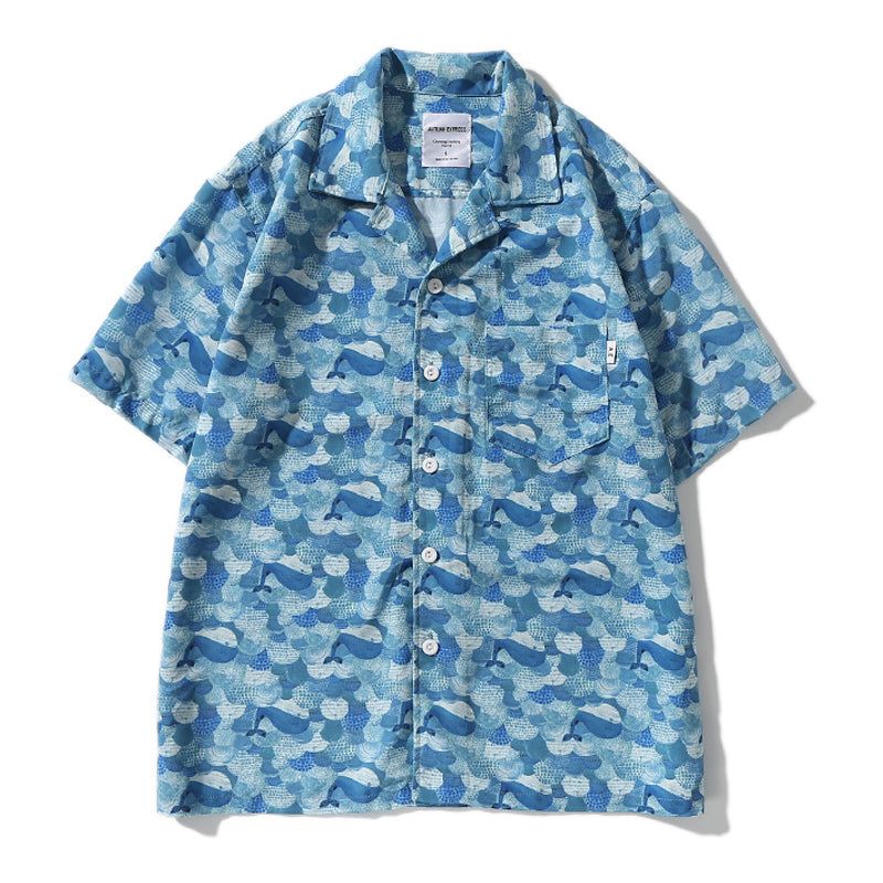 Hawaiian Ocean Wave Whale Print Aloha Shirt