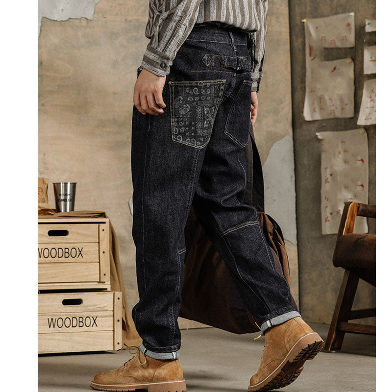 American casual cashew nut floral print tapered denim pants