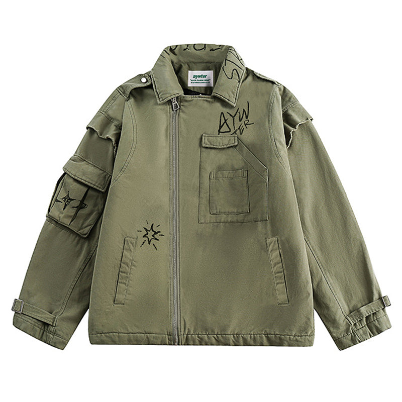 Washed padded shirt collar alphabet cargo down jacket