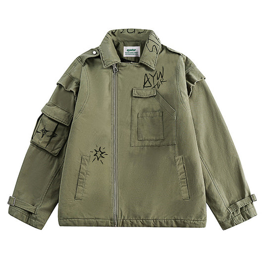 Washed padded shirt collar alphabet cargo down jacket
