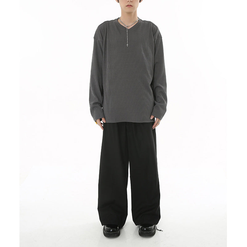 American casual plain V-neck long-sleeved T-shirt