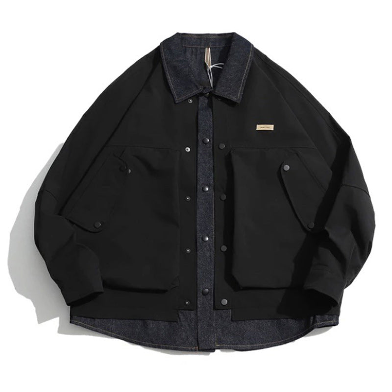 Denim-switched fake layered jacket