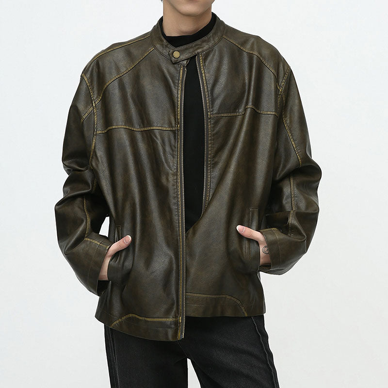 American casual retro washed PU leather jacket